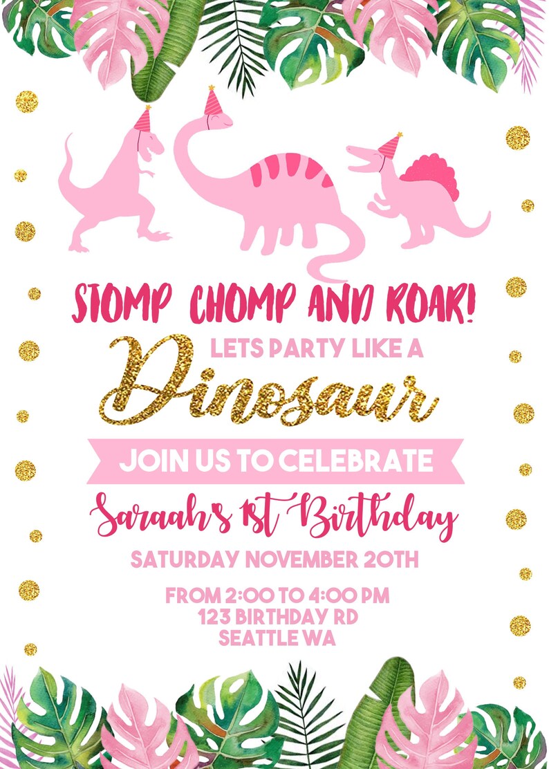EDITABLE Pink Dinosaur Birthday Invitation Pink & Gold Etsy