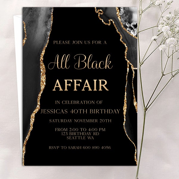 EDITABLE, All Black Party Invitation, All Black Affair Invitation, Black and Gold Agate Birthday Invite, Instant Digital Download