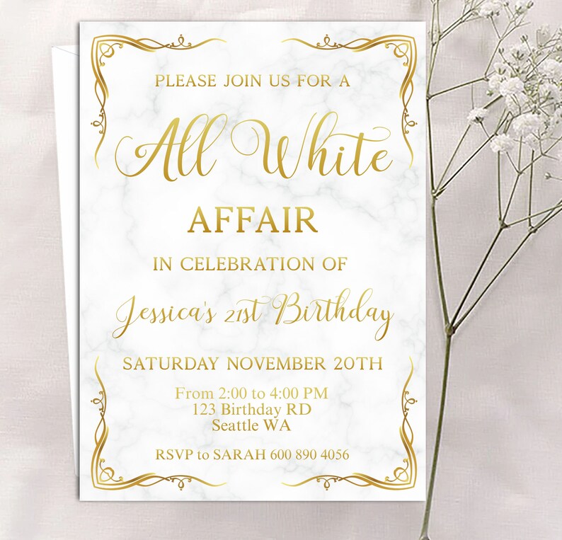 EDITABLE All White Party Invitation White and Gold Marble Etsy