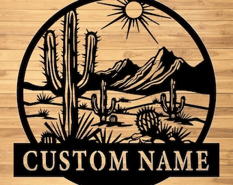 May include: Black metal desert scene with cacti, mountains, and a sun, framed in a circle. The words "CUSTOM NAME" are displayed on a rectangular bar at the bottom. The background is a wood grain pattern.