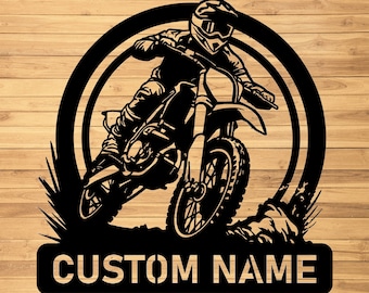 Letrero de pared metálico personalizado de motocross - Arte de pared metálico personalizado de motocross - Decoración de pared metálica de motocross - Letrero con nombre de motociclista - Letrero LED de motocross