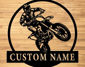 Letrero de pared metálico personalizado de motocross - Arte de pared metálico personalizado de motocross - Decoración de pared metálica de motocross - Letrero con nombre de motociclista - Letrero LED de motocross