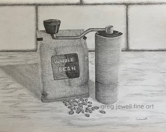 Kaffeemühle und ganze Bohne Zeichnung