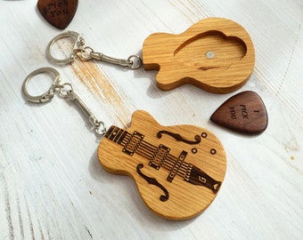 Wooden Keychain Guitar with Engraved Pick, Custom Guitar Pick Keyring, Personalized Key chain Guitar Pick, Mini Guitar for Fathers Day Gift