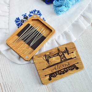 Wooden needle case personalized sewing supplies holder, box with magnets for storing needles, sewing tools storage organizer, sewing gifts