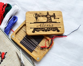 Wooden needle case personalized sewing supplies holder, box with magnets for storing needles, sewing tools storage organizer, sewing gifts