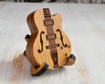 Guitar pick with wooden box, electric guitar shaped casket for pick storage, engraved personalized guitar gift pick holder for guitar player