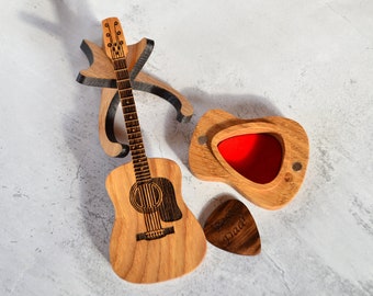 Guitar Pick Box Wooden Pick, Unique Guitar Pick Holder, Anniversary Gift for Dad, Mini Acoustic Guitar Gift for Him, Gift for Guitar Player
