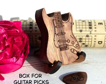 Support personnalisé pour médiator pour guitare électrique - Cadeau gravé pour mélomane, boîte de médiator