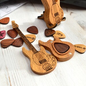 wooden guitar shaped box with wooden guitar picks