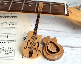 Caja para púas de guitarra estilo Gibson personalizada, soporte de roble grabado para púas de guitarrista