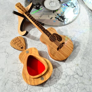 wooden oak guitar shaped box with oak guitar pick, i will always pick you engraved on guitar pick