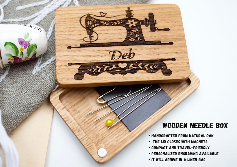 Personalized Wooden Needle Case: Magnetic Sewing Needle Holder image 4