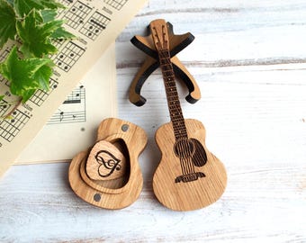 Boîte personnalisée de médiator pour guitare acoustique - Cadeau pour guitariste en bois gravé