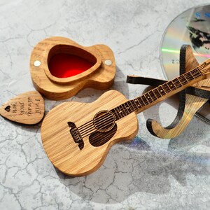 wooden oak guitar shaped box with oak guitar pick, i will always pick you engraved on guitar pick, souvenir for guitarist