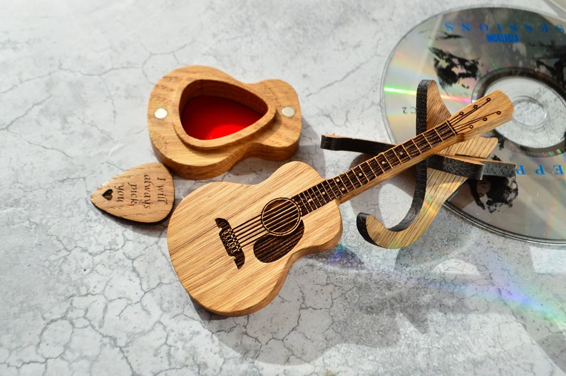 wooden oak guitar shaped box with oak guitar pick, i will always pick you engraved on guitar pick, souvenir for guitarist