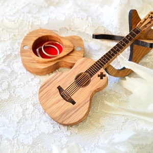 Wedding ring box guitar, personalized wood box for engagement rings in shape of acoustic guitar, custom wedding music guitar gift for couple