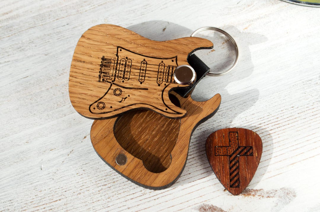 Engraved Wooden Electric Guitar Keychain With Guitar Pick: Musician ...