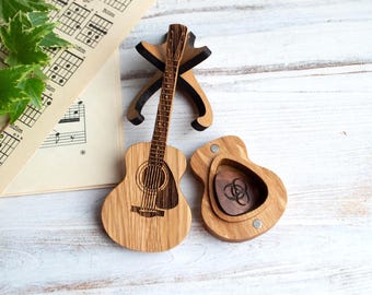 Support pour médiator - Boîte en chêne personnalisée avec plectre gravé, cadeau personnalisé pour musicien