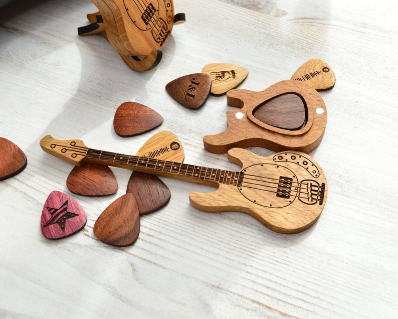 wooden guitar shaped box with wooden guitar picks