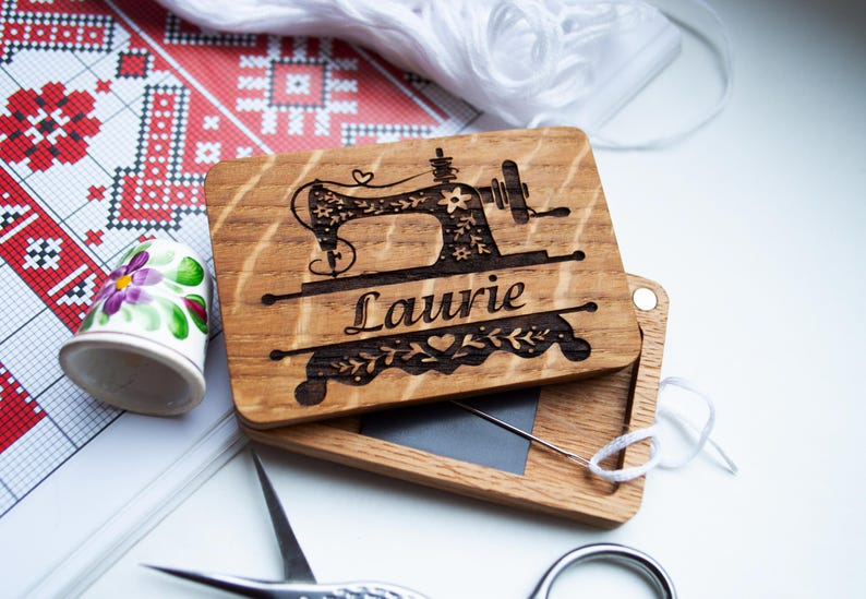 Personalized Wooden Needle Case: Magnetic Sewing Needle Holder image 1