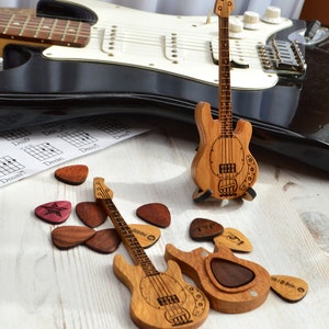 wooden guitar shaped box with wooden guitar picks