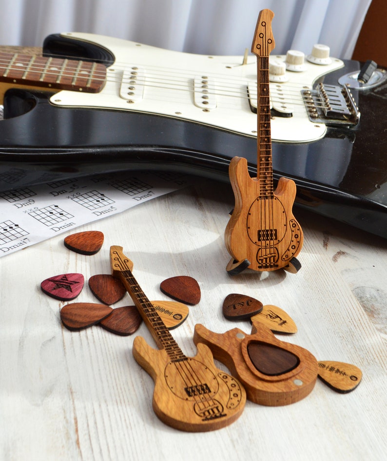 wooden guitar shaped box with wooden guitar picks