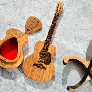 wooden oak guitar shaped box with oak guitar pick, i will always pick you engraved on guitar pick