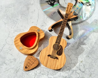 Gitaarplectrumhouder met plectrum, gepersonaliseerde plectrum met doos, jubileumcadeau voor papa, mini-akoestische gitaarcadeau voor hem, ik kies je cadeau