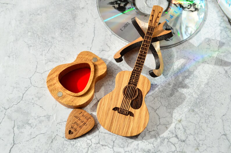 wooden oak guitar shaped box with oak guitar pick, i will always pick you engraved on guitar pick