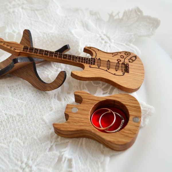 Wedding ring box, personalized wooden box for engagement rings in shape of electric guitar, custom wedding music guitar gift for couple