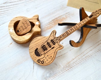 Soporte de púa de guitarra para regalo personalizado de guitarrista, caja de púas de madera grabada, regalo personalizado de mini músico de guitarra para él regalo del día del padre