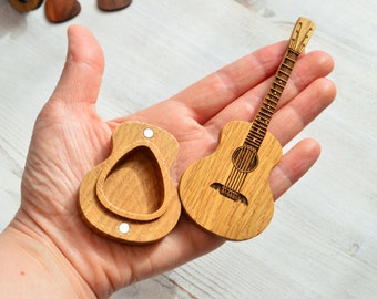 Guitar pick holder, wooden oak gifts for guitar player, acoustic guitar shaped box for pick storage gift for dad, fathers day guitar gift