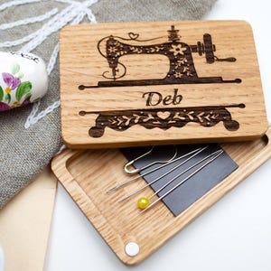 Personalized Wooden Needle Case: Magnetic Sewing Needle Holder image 2