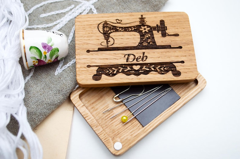 Personalized Wooden Needle Case: Magnetic Sewing Needle Holder image 2