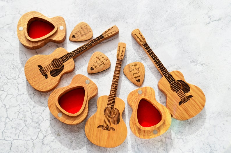 wooden boxes in acoustic guitar form with wooden engraved guitar picks