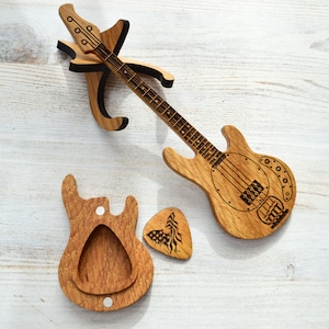 guitar shaped box with oak pick and stand