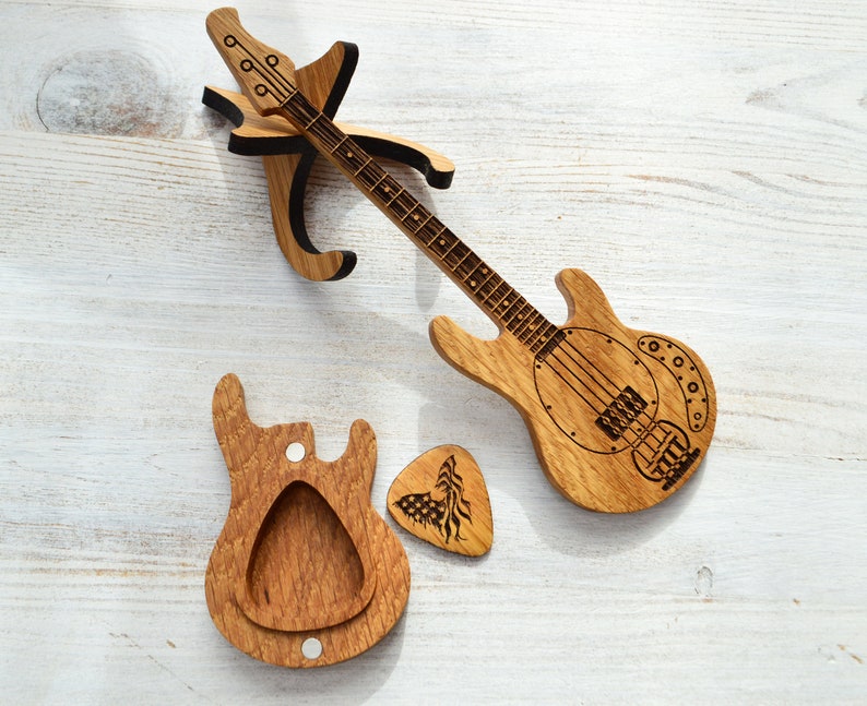 guitar shaped box with oak pick and stand