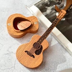 wooden oak guitar shaped box with oak guitar pick, i will always pick you engraved on guitar pick