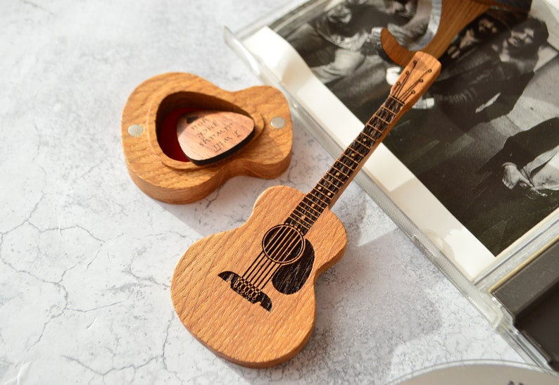 wooden oak guitar shaped box with oak guitar pick, i will always pick you engraved on guitar pick