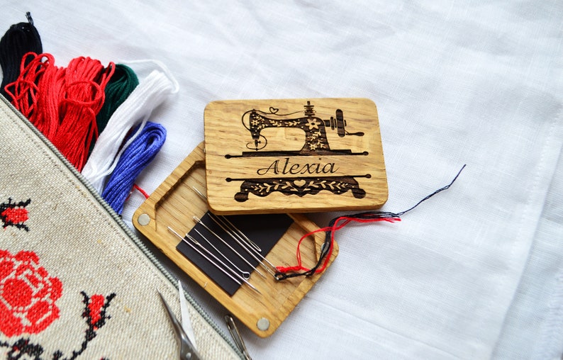 wooden needle box with  custom engraving sewing machin and name