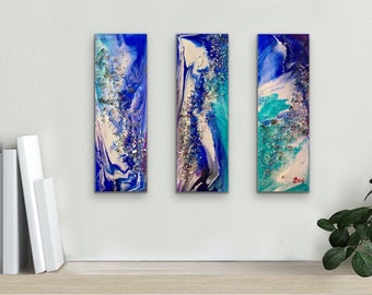 Original 4 x 12 Inch Pour Style Textured Acrylic Painting on Wrapped Canvas with 3 separate canvases named, "Triptych Unicorn Pop"