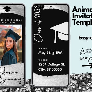 Silver Digital Graduation Invitation Template //  animated digital invite, customizable, invitation video, with photo, grad party invite