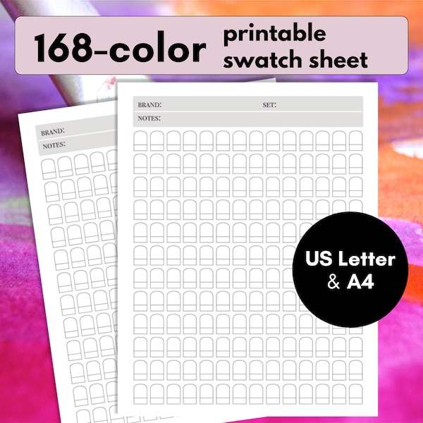 Printable Color Swatch Chart / 168 colors, blank color swatch sheet, Color Swatch PDF, color swatch chart for artists, digital printable pdf