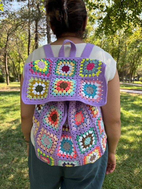 Crochet Granny Square Backpack: Boho Hippie Tote Bag - Etsy display picture 1