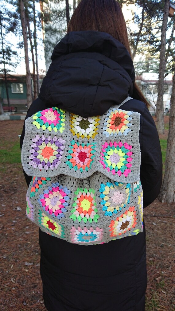 Crochet Granny Square Backpack: Boho Hippie Tote Bag