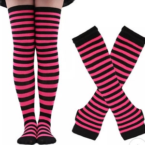 1 Set Women Girls Over Knee Long Stripe Printed Thigh High Cotton Socks and Arm Sleeve Gloves Plus Size Overknee Socks Arm warmers image 5