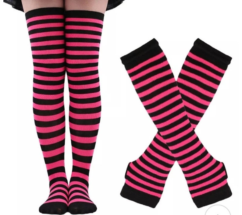 1 Set Women Girls Over Knee Long Stripe Printed Thigh High Cotton Socks and Arm Sleeve Gloves Plus Size Overknee Socks Arm warmers image 5