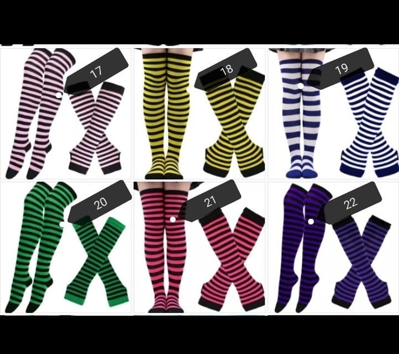 1 Set Women Girls Over Knee Long Stripe Printed Thigh High Cotton Socks and Arm Sleeve Gloves Plus Size Overknee Socks Arm warmers image 10