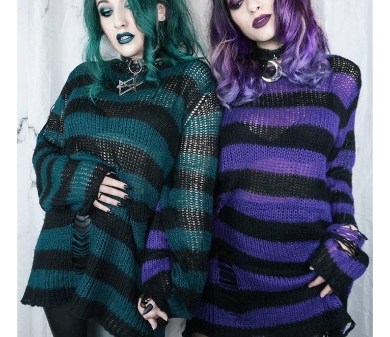 Lairauiy Women E-girl Goth Hole Striped Knitted Pullovers Long Sleeve Ripped Sweater Jumpers Punk Style Kawaii Harajuku Sweater image 4